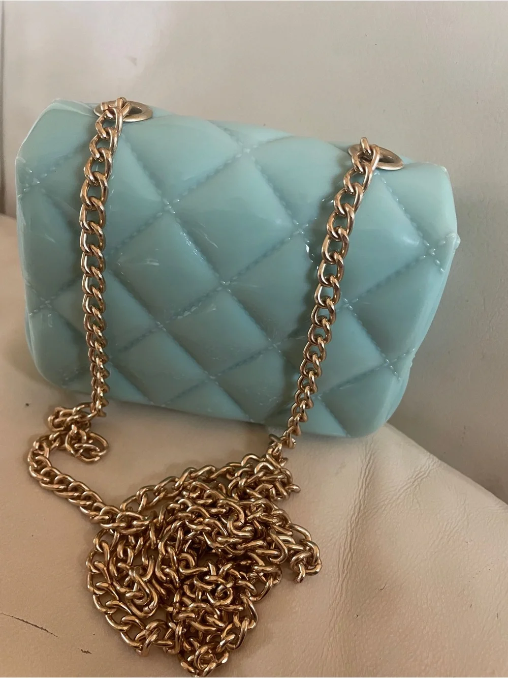 🩵✨ Mint / Light Aqua Jelly Quilted Mini Crossbody Bag with Gold Chain